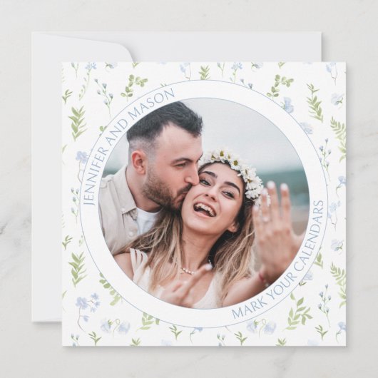 Blaue Blume Save the Date Foto Einladung (Rückseite)