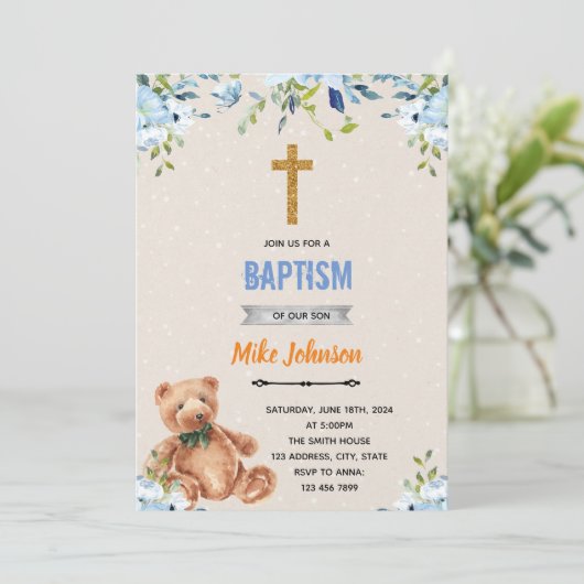 Blaue Blume: Taufe Einladung (Stehend Vorderseite)