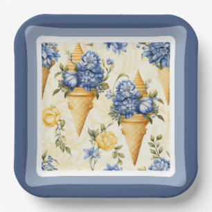 Blaue Blume und Eiscreme mit Papierplatte Pappteller