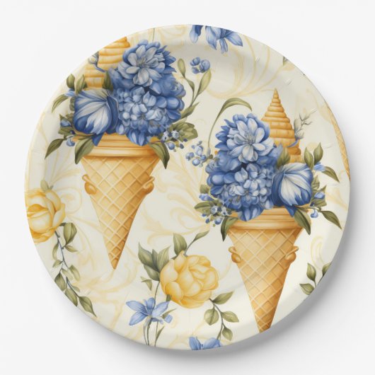 Blaue Blume und Eiscreme - rund Pappteller (Vorderseite)