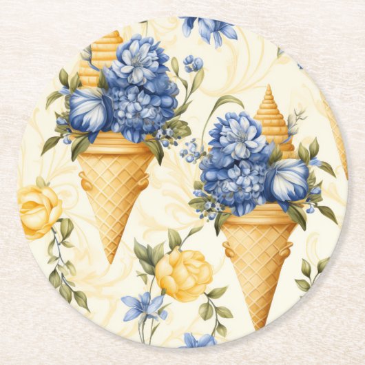 Blaue Blume und Eiscreme Runder Pappuntersetzer (Vorderseite)
