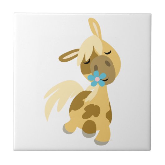 Blaue Blume und Niedlicher Cartoon Pony Tile Fliese (Vorderseite)