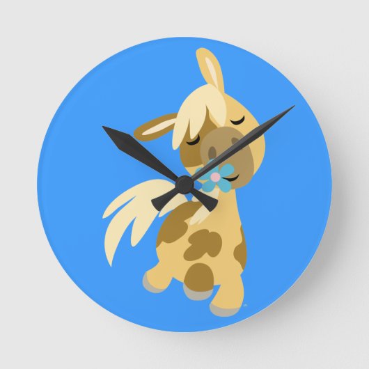 Blaue Blume und Niedlicher Cartoon Pony Wall Clock Runde Wanduhr (Vorderseite)