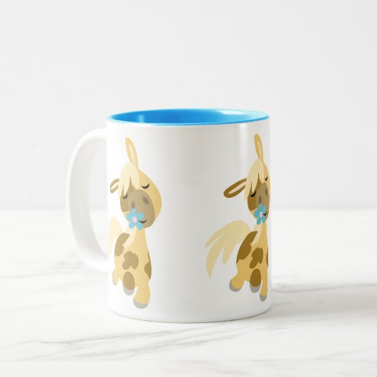 Blaue Blume und Niedlicher Cartoon Pony Zweifarbige Tasse (Vorderseite Links)