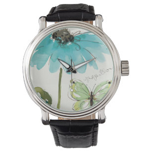 Blaue Blume und Schmetterling Armbanduhr