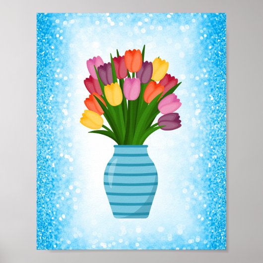 Blaue Blume Vase mit farbigen Tulipen mit Border Poster (Vorne)