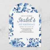 Blaue Blume Vintag Elegante Einladung (Vorne/Hinten)