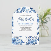 Blaue Blume Vintag Elegante Einladung (Stehend Vorderseite)