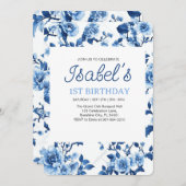 Blaue Blume Vintag Elegante Einladung (Vorne/Hinten)