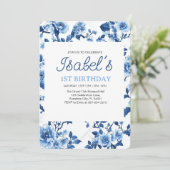 Blaue Blume Vintag Elegante Einladung (Stehend Vorderseite)