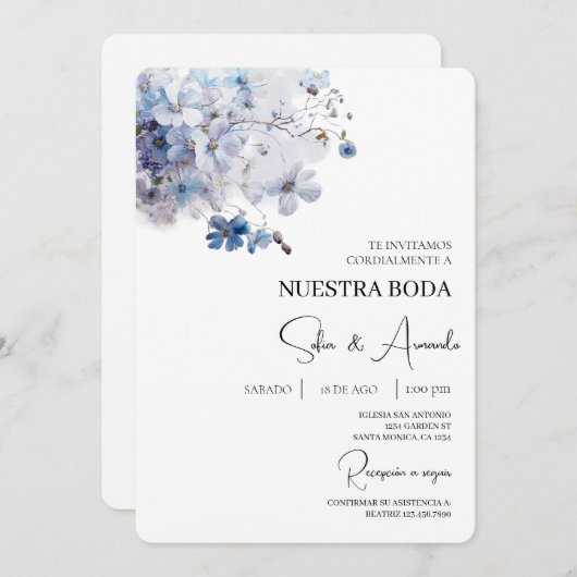 Blaue Blume Wasserfarbe Einladung Hochzeitsfeiern (Vorne/Hinten)
