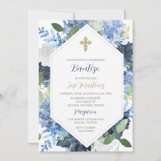 Blaue Blume Wasserfarbene Bautizo Spanischer Einla Einladung (Vorderseite)