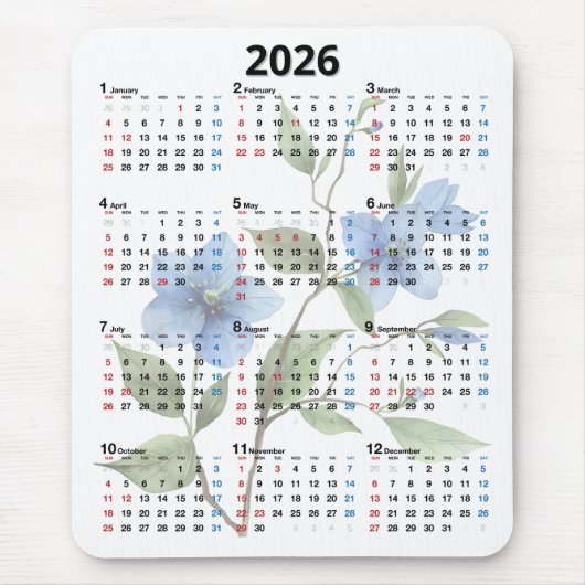 Blaue Blumen 2026 Kalender auf Weiß Mousepad (Vorne)