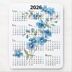 Blaue Blumen 2026 Kalender auf Weiß Mousepad