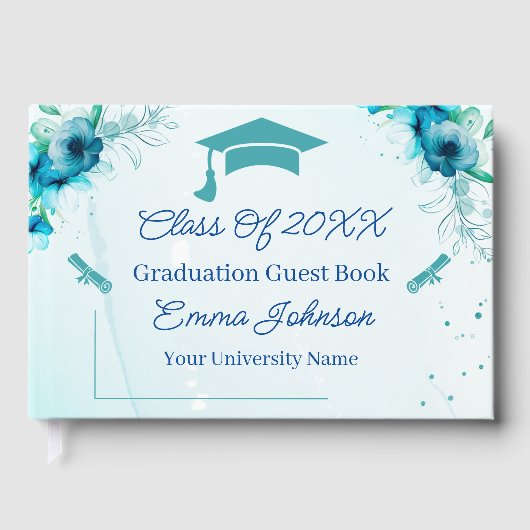 Blaue Blumen Anpassbarer Abschluss Gästebuch (Vorderseite)