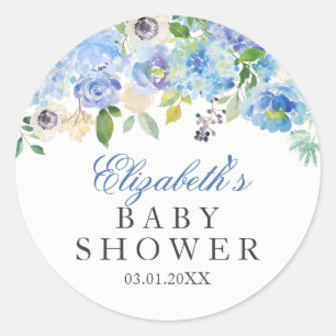 Blaue Blumen-Aquarell-Baby-Shower-Aufkleber Runder Aufkleber
