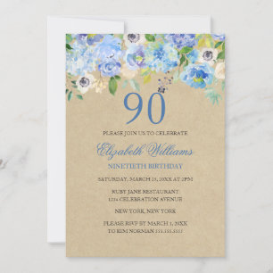 Blaue Blumen-Aquarell-Einladung zum 90. Geburtstag Einladung