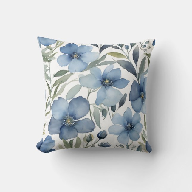 Blaue Blumen Art Blumendesign Wasserfarben Kissen (Vorderseite)