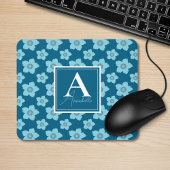 Blaue Blumen auf blauem Hintergrund Monogramm Mousepad