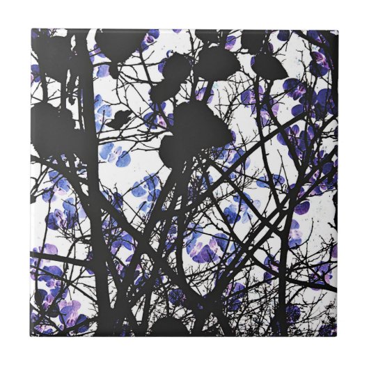 Blaue Blumen auf dem Winterbaumkonzept digitale Ku Fliese (Vorderseite)