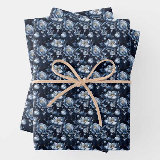 Blaue Blumen auf dunkelblau Geschenkpapier Set (Beispiel)