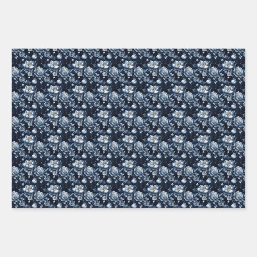 Blaue Blumen auf dunkelblau Geschenkpapier Set (Vorderseite)