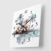 Blaue Blumen auf einem Holzklotz im Wasser Quadratische Wanduhr (Winkel)