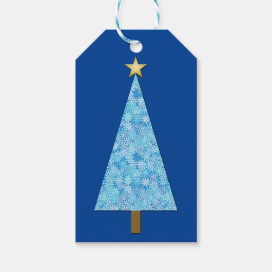 Blaue Blumen auf einem modernen Weihnachtsbaum Geschenkanhänger (Vorderseite)