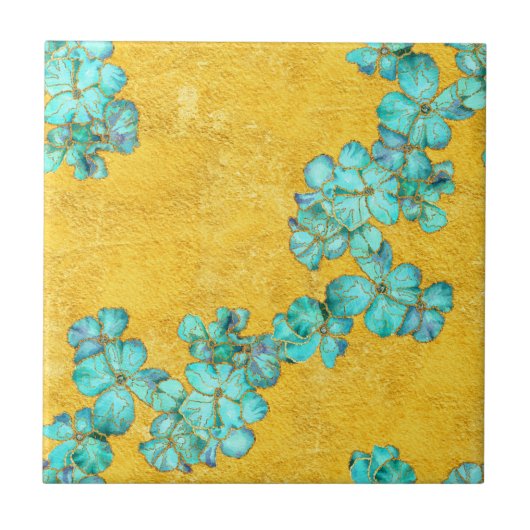 Blaue Blumen auf gelbem Hintergrund Fliese (Vorderseite)