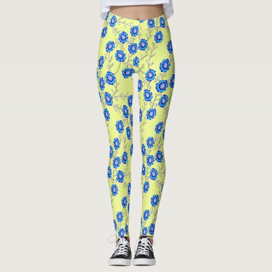 Blaue Blumen auf gelben Leggings (Vorderseite)