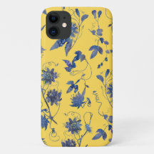 Blaue Blumen auf Mustard Yellow Floral Muster