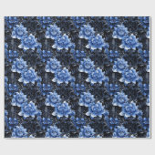 Blaue Blumen auf schwarz Geschenkpapier (Flach)