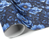 Blaue Blumen auf schwarz Geschenkpapier (Rolleneckpunkt)
