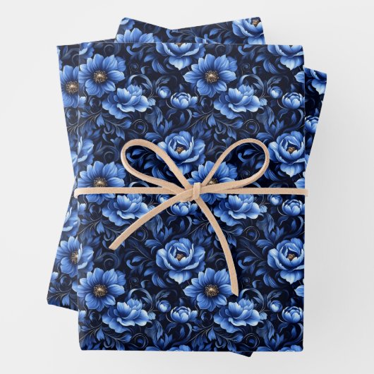 Blaue Blumen auf schwarz Geschenkpapier Set (Beispiel)