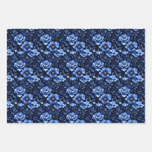 Blaue Blumen auf schwarz Geschenkpapier Set (Vorderseite)