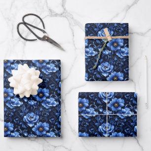 Blaue Blumen auf Schwarz  Geschenkpapier Set