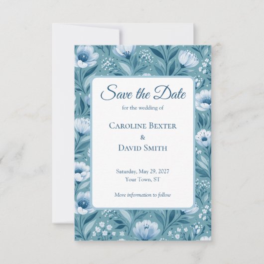 Blaue Blumen auf Türkisblauem Hintergrund Save The Date (Vorderseite)
