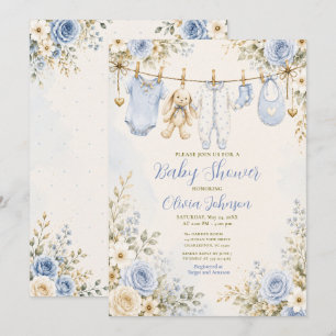 Blaue Blumen-Baby-Shower-Kleiderleine Baby-Shower Einladung