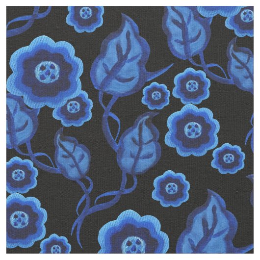 Blaue Blumen, blaue Blätter, Blumenkohl der Folk 2 Stoff (Nahaufnahme)