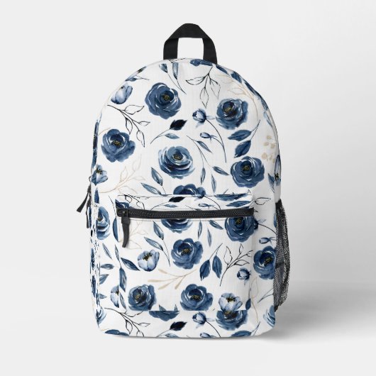 Blaue Blumen Blumenmuster Bedruckter Rucksack (Vorderseite)