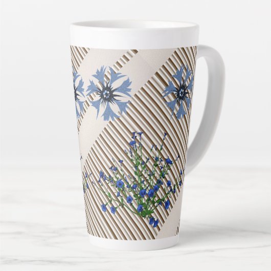 Blaue Blumen Blumenmuster Streifen Latte Tasse (Rechte Ecke)