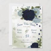 blaue Blumen, botanische grüne Blätter Save The Date (Vorderseite)
