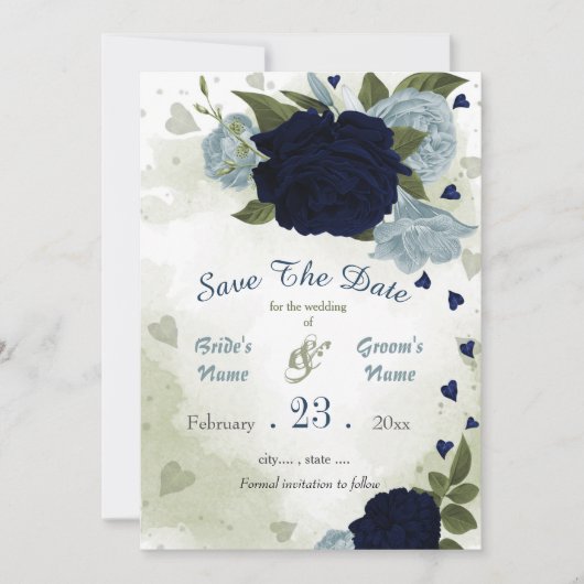 blaue Blumen, botanische grüne Blätter Save The Date (Vorderseite)