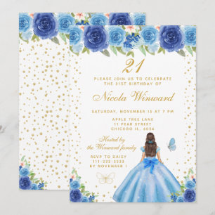 Blaue Blumen Braune Haar Prinzessin Geburtstagsfei Einladung