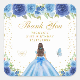 Blaue Blumen Braune Haar Prinzessin Geburtstagsfei Quadratischer Aufkleber