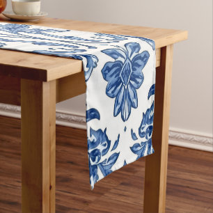 Blaue Blumen-Chinoiserie Weiße Wasserfarbe Kurzer Tischläufer