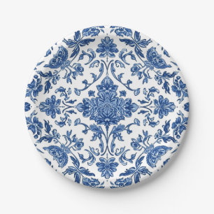 Blaue Blumen-Chinoiserie Weiße Wasserfarbe Pappteller