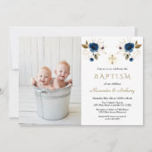 Blaue Blumen Cross Boys Twins Foto Taufe Einladung (Vorderseite)