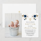 Blaue Blumen Cross Boys Twins Foto Taufe Einladung (Vorne/Hinten)
