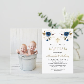 Blaue Blumen Cross Boys Twins Foto Taufe Einladung